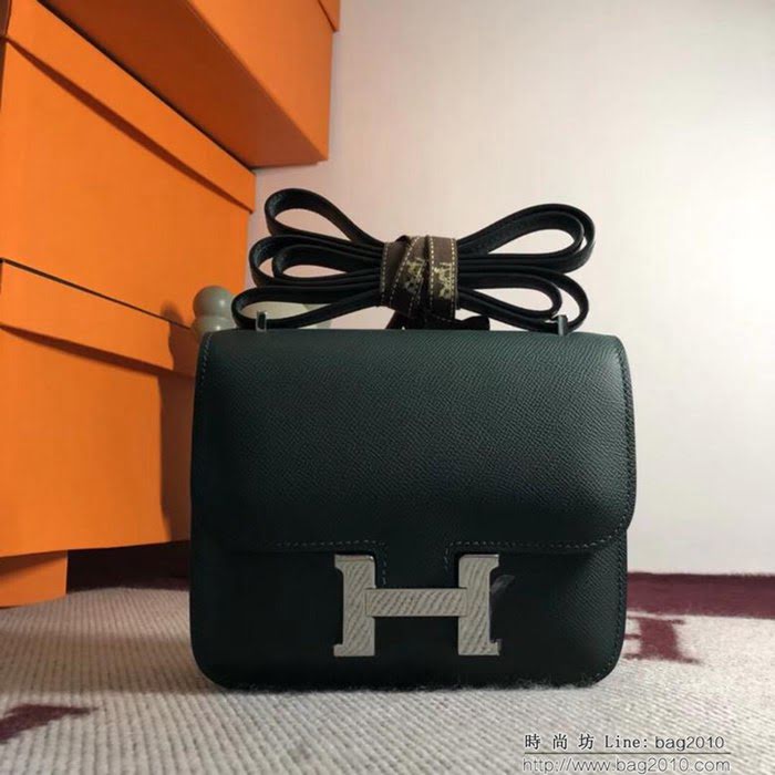 HERMES愛馬仕 空姐包 constance 英國綠 EPSOM 18cm 銀扣 蠟線縫製 單肩斜挎包  Ama1505